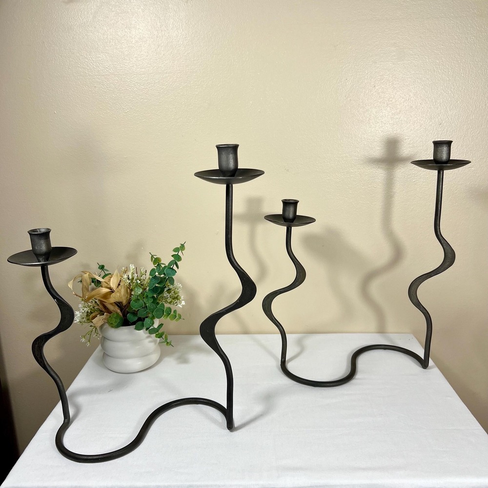Iron Brutalist Wave Squiggle Candlestick Holders | Set of 2